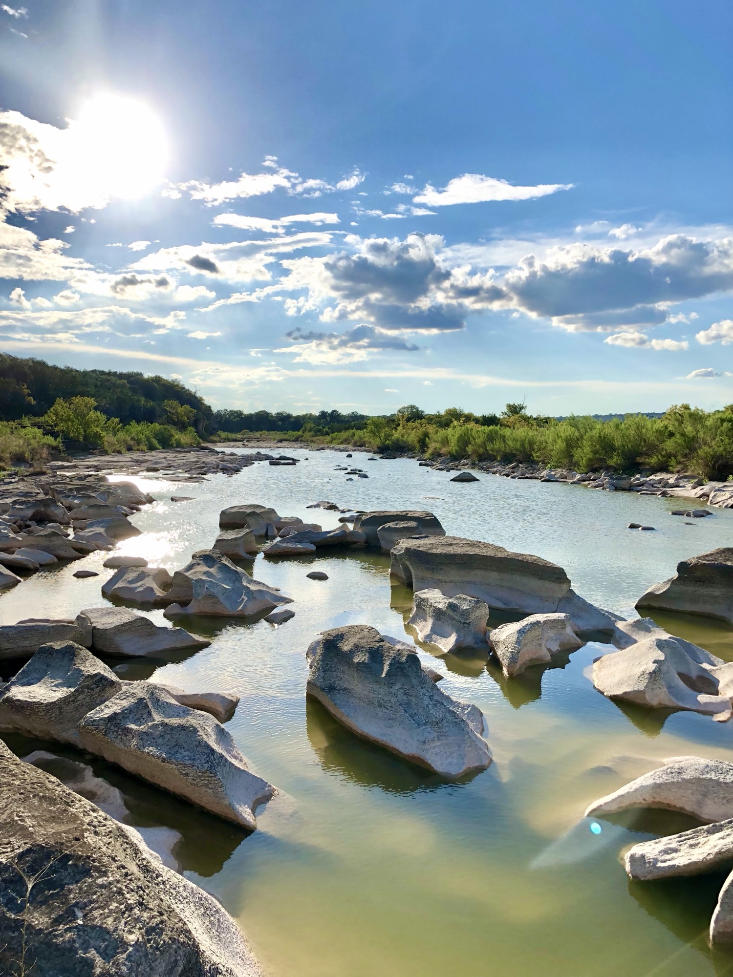 Clear Hill Country river running over a pale limestone bed, oaks along the banks.